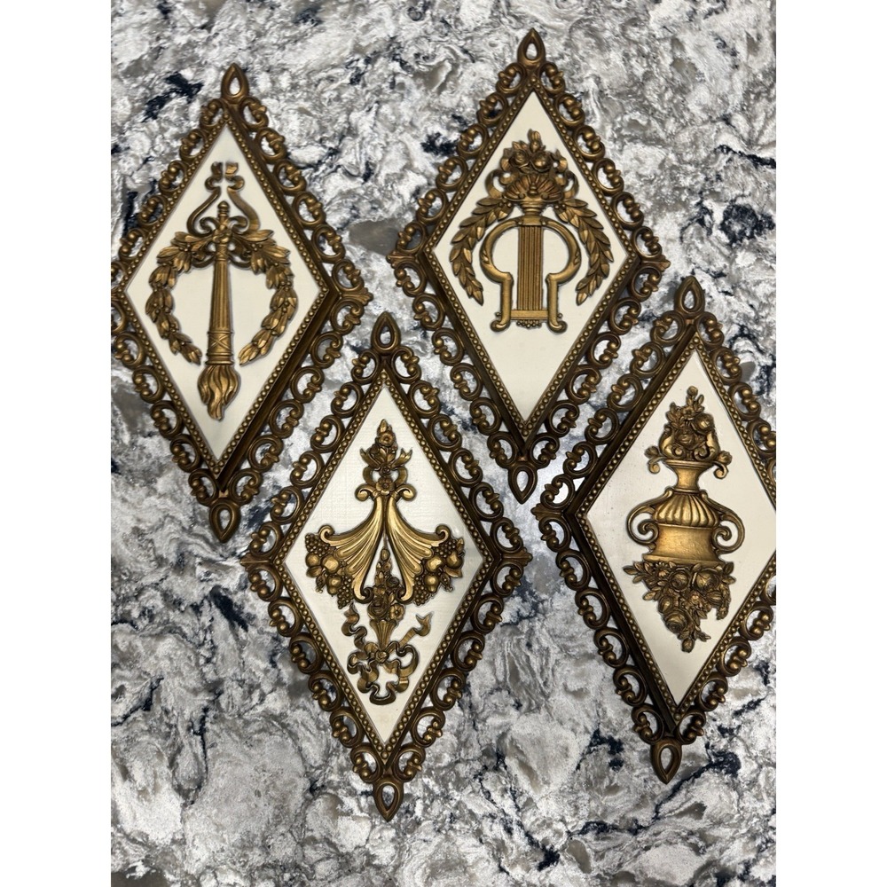 4 Vintage MCM Homco Syroco Gold Diamond Shape Wall Decor Plaques. Made in USA